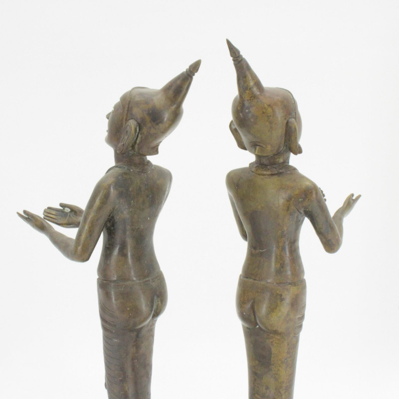 Pair Of Bronze Standing Buddhist Figure Oil Lamps