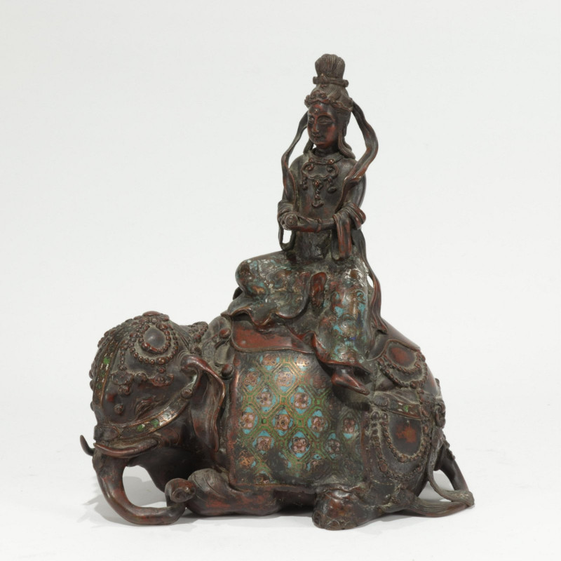 Chinese Bronze ChamplevÃ© Guanyin Riding Elephant