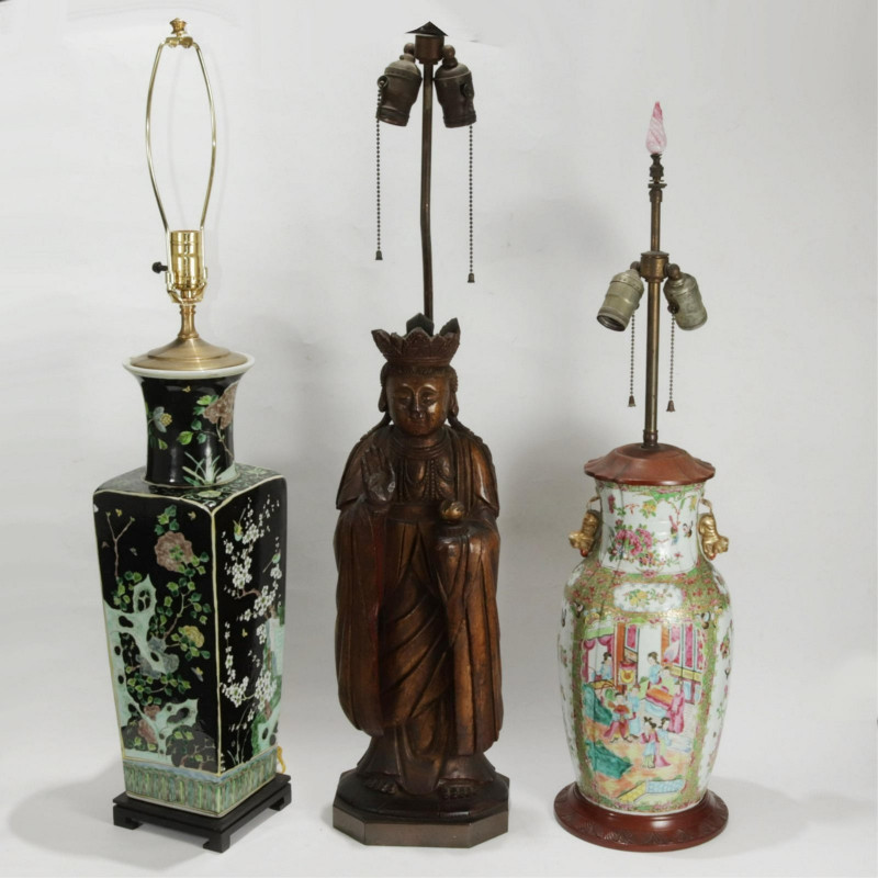 Three Chinese Lamps; Famille Rose Porcelain