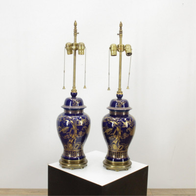 Image for Lot Pair Blue & Gilt Decorated Asian Vase Lamps