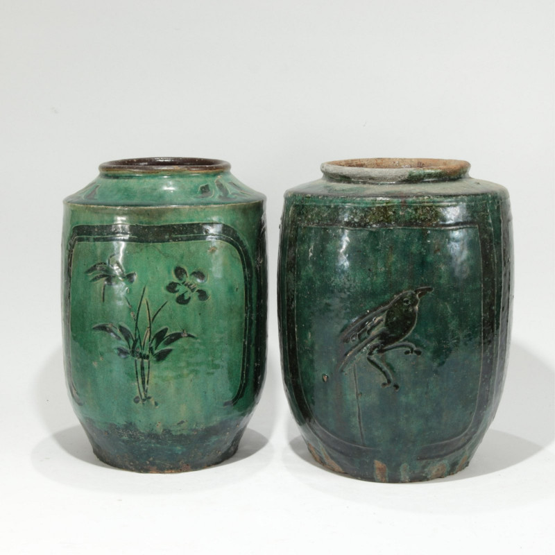 Two Asian Greenglazed Jars