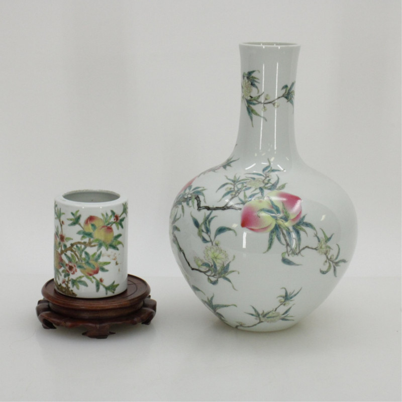 Chinese Peach Blossom Brush Pot & Porcelain Vase