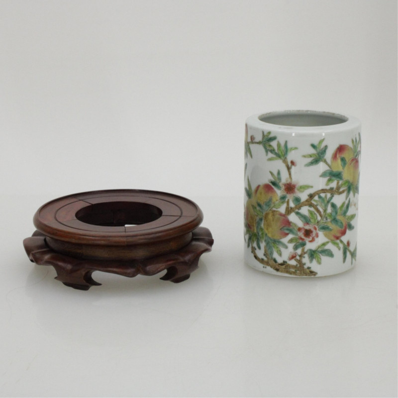 Chinese Peach Blossom Brush Pot & Porcelain Vase