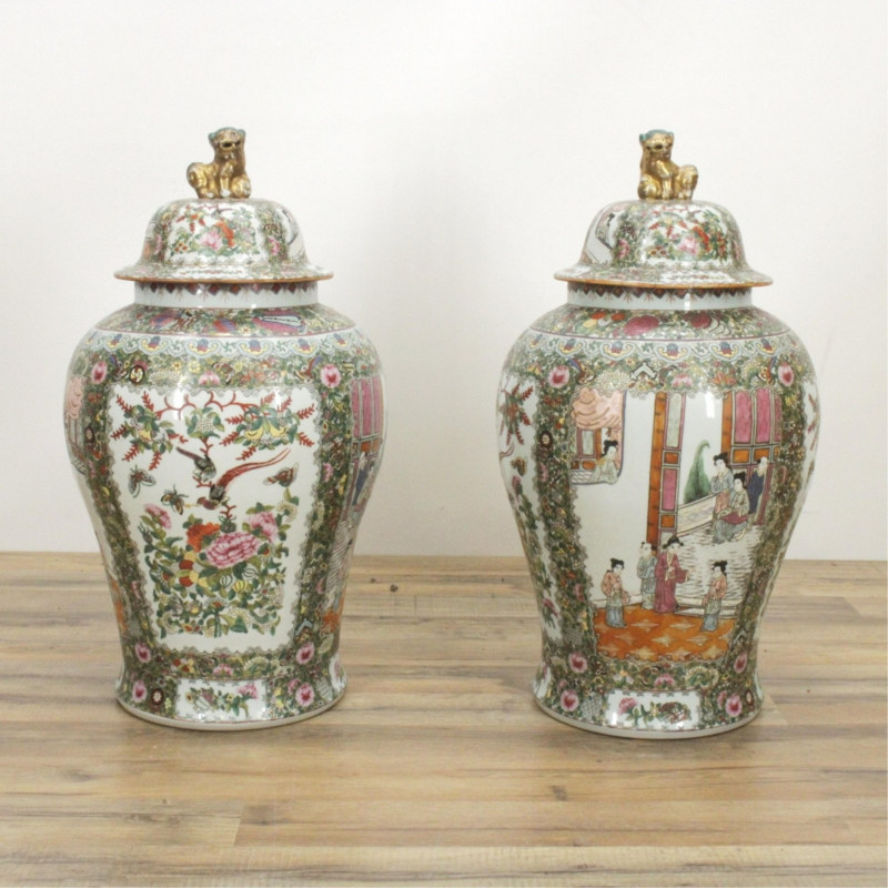 Pair of Large Rose Medallion Covered Urns, 20th c.