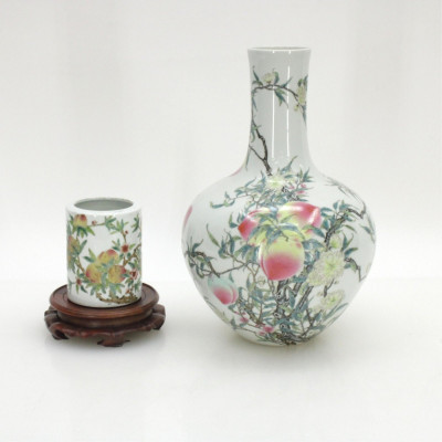 Image for Lot Chinese Peach Blossom Brush Pot & Porcelain Vase