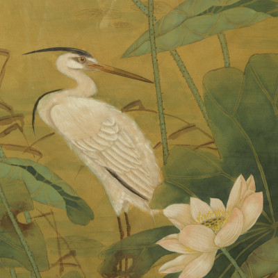 Asian Painting on Silk of Cranes & Lillypads