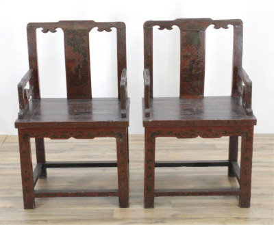 Image for Lot Pair Chinese Incised Lacquer Armchairs