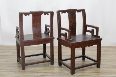 Pair Chinese Incised Lacquer Armchairs