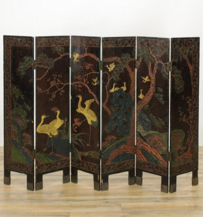Image for Lot Asian 6-Panel Lacquer Screen Birds & Figures