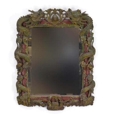 Asian Carved & Polychromed Wood Mirror