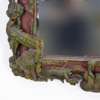 Asian Carved & Polychromed Wood Mirror