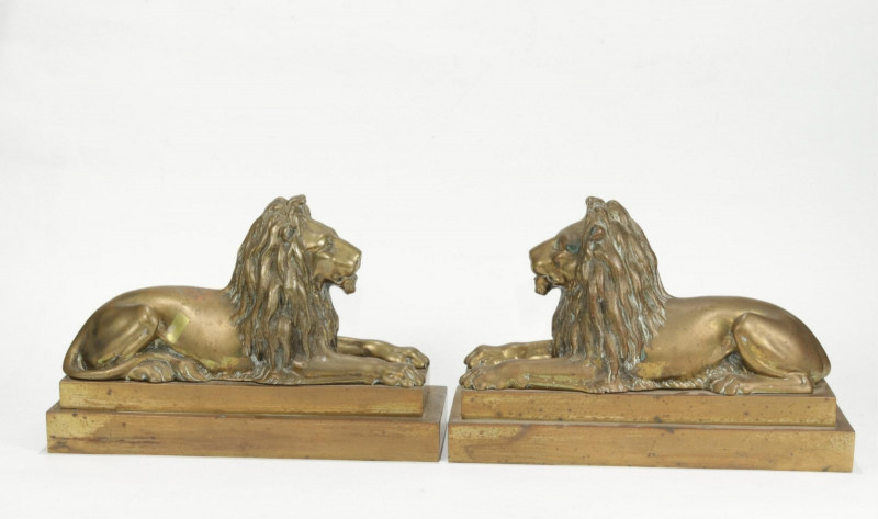 Pair English Bronze Recumbent Lions, 19th C.