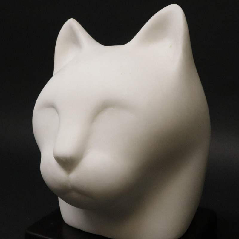 Marble Carved Head of Cat Signed JJJ