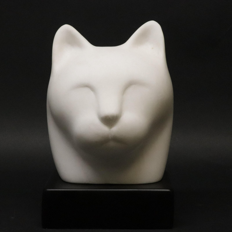 Marble Carved Head of Cat Signed JJJ