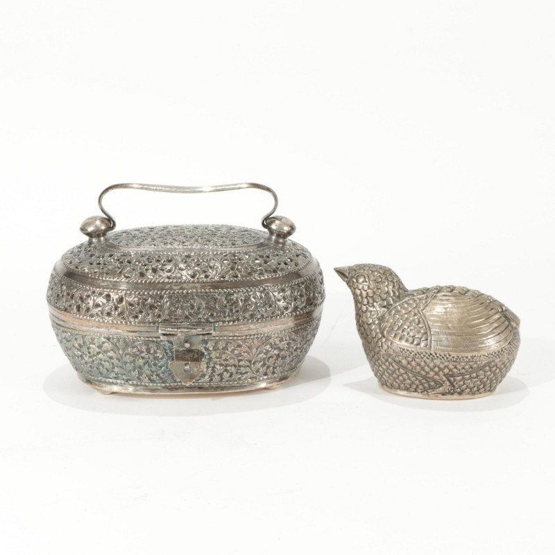2 Indian Silver Boxes Chick & Handled Articulated