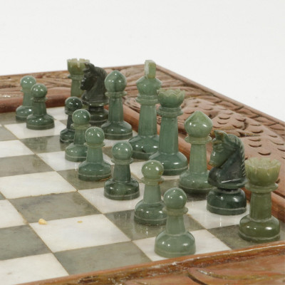 Carved Wood And Hardstone Chess Set