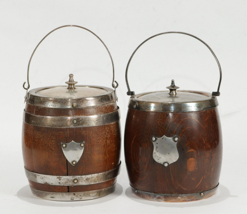 Pair Silverplate Mounted Oak Ice Buckets