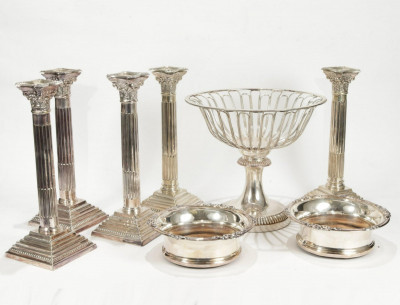 Image for Lot 5 Silverplate Candlesticks, Wine Coolers, Compote