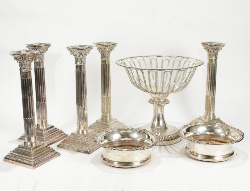 5 Silverplate Candlesticks, Wine Coolers, Compote