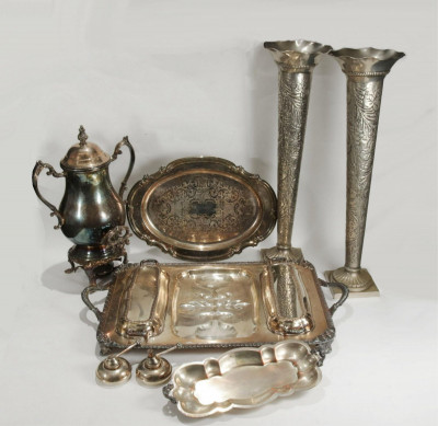 Silverplate Serving Trays, Coffee Urn, Vases
