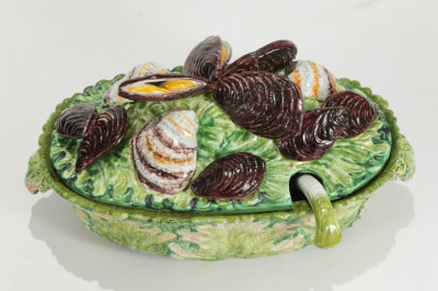 Image for Lot Continental Lettuce & Shell Fish Majolica Tureen