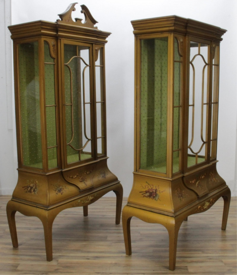 Pair Edwardian Polychromed Display Cabinets