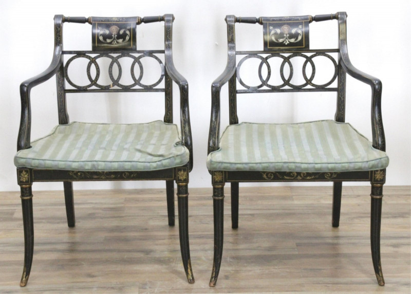 Pair Baker Polychromed Black Painted Armchairs