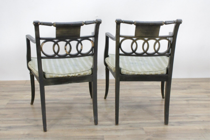 Pair Baker Polychromed Black Painted Armchairs