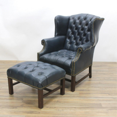 Image for Lot Leather Wing Chair And Ottoman