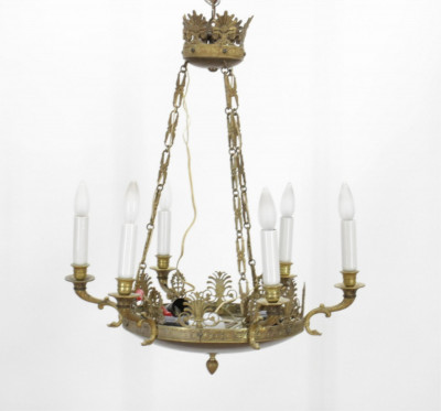 Image for Lot Empire Style Patinated Metal & Brass Chandelier