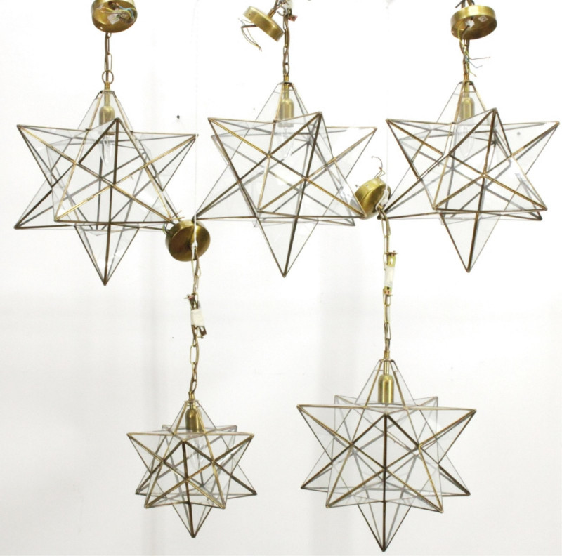 4 Brass & Glass Star Lanterns & another
