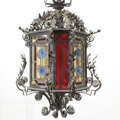 Image for Lot Wrought Iron and Stained Glass Lantern