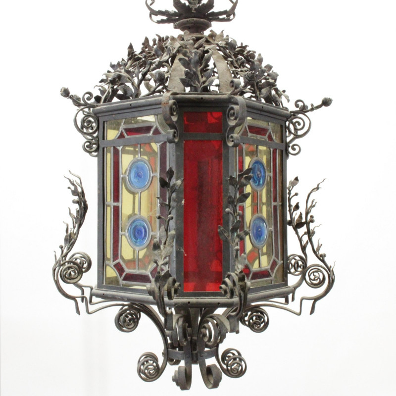 Wrought Iron and Stained Glass Lantern