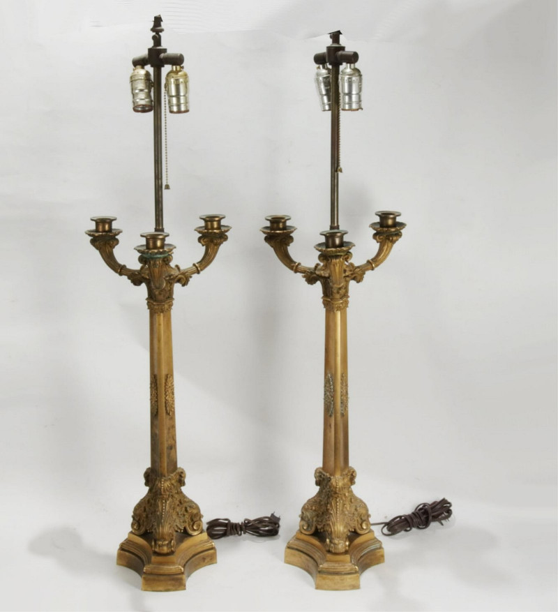 Pair Charles X Style Gilt-Metal Candelabra Lamps