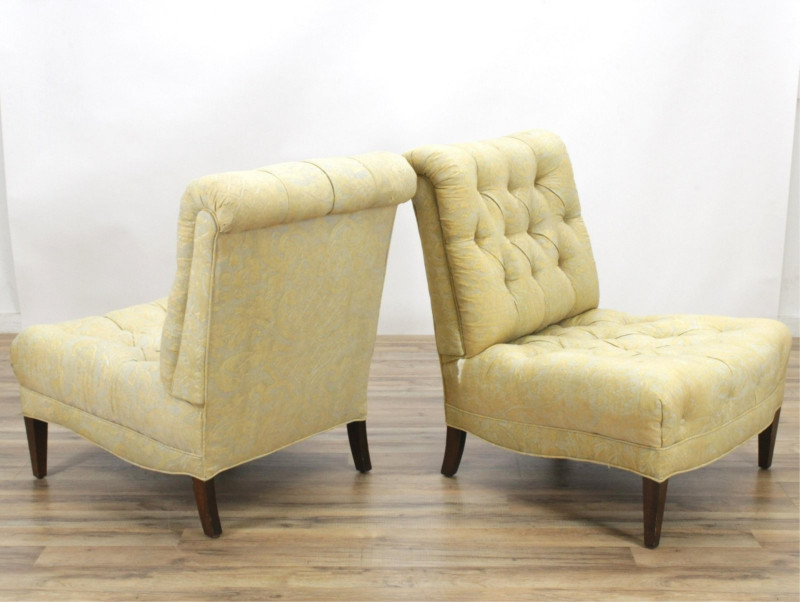 Pair Armless Tufted Chairs, Fortuny Upholstery