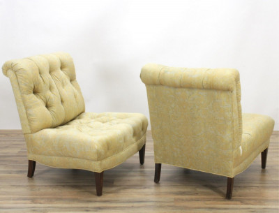 Pair Armless Tufted Chairs, Fortuny Upholstery
