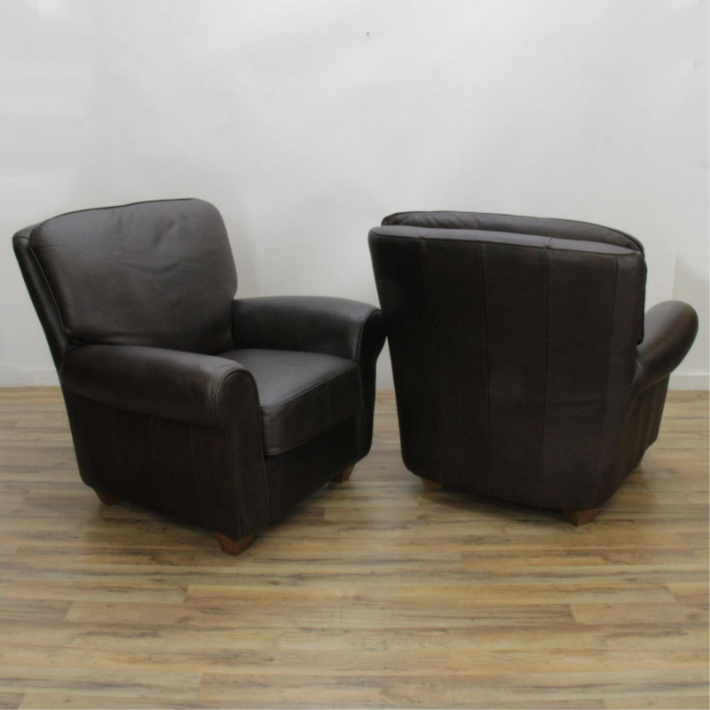 Pair Contemporary Brown Leather Lounge Chairs