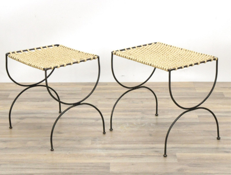 2 Mid Century Metal & Woven Rope Nesting Tables