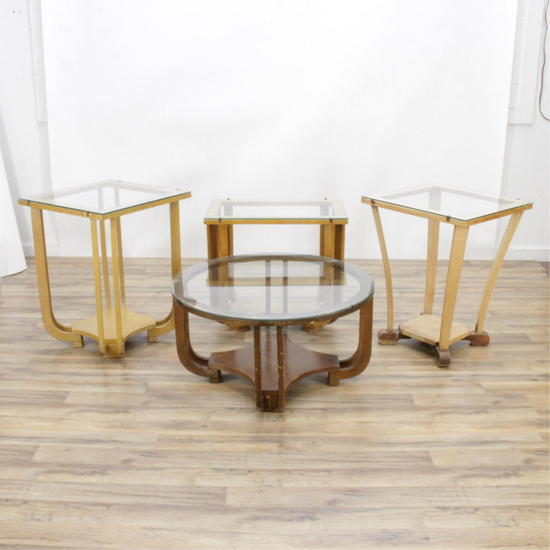 Four Art Deco Wood/Glass Top Tables