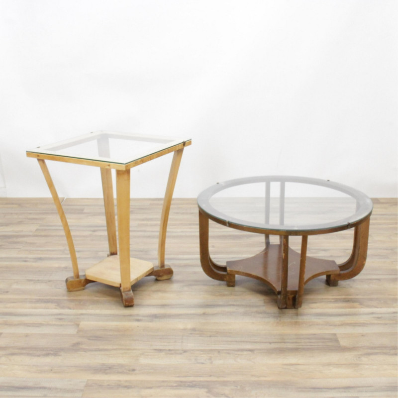Four Art Deco Wood/Glass Top Tables