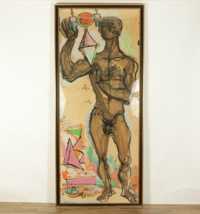 Raoul Pene Du Bois, Male Nude with Buoy, gouache