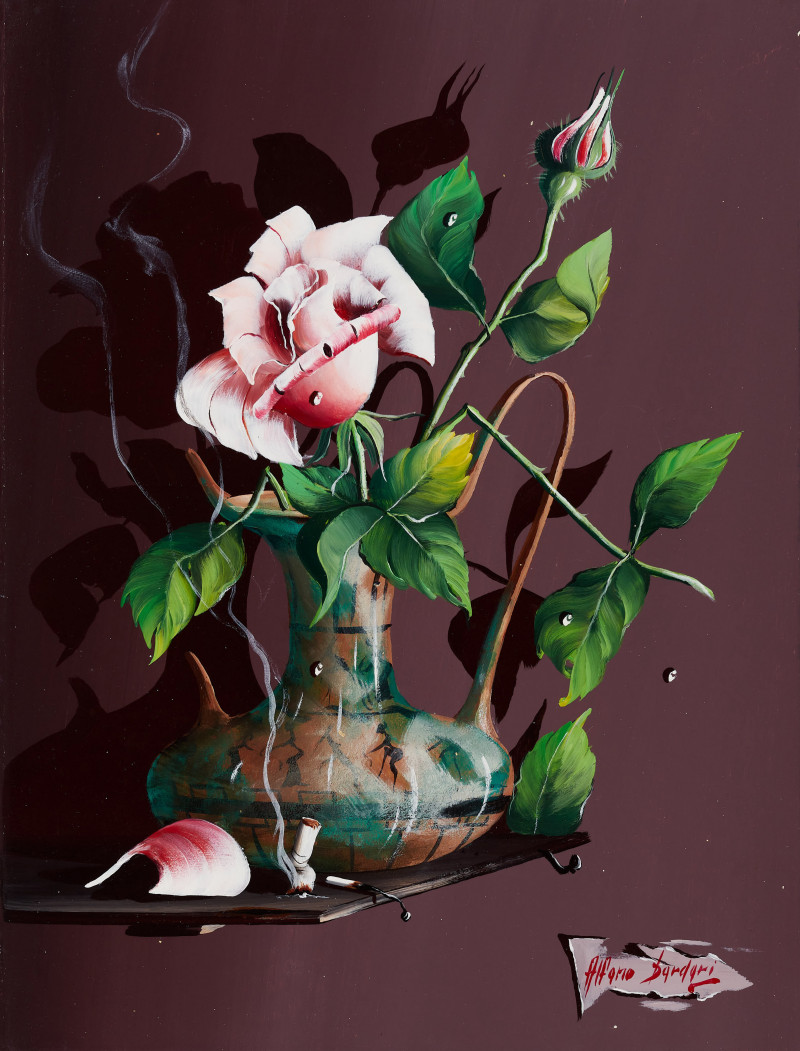 Alfano Dardari - Pink Roses, Vase and Cigarette