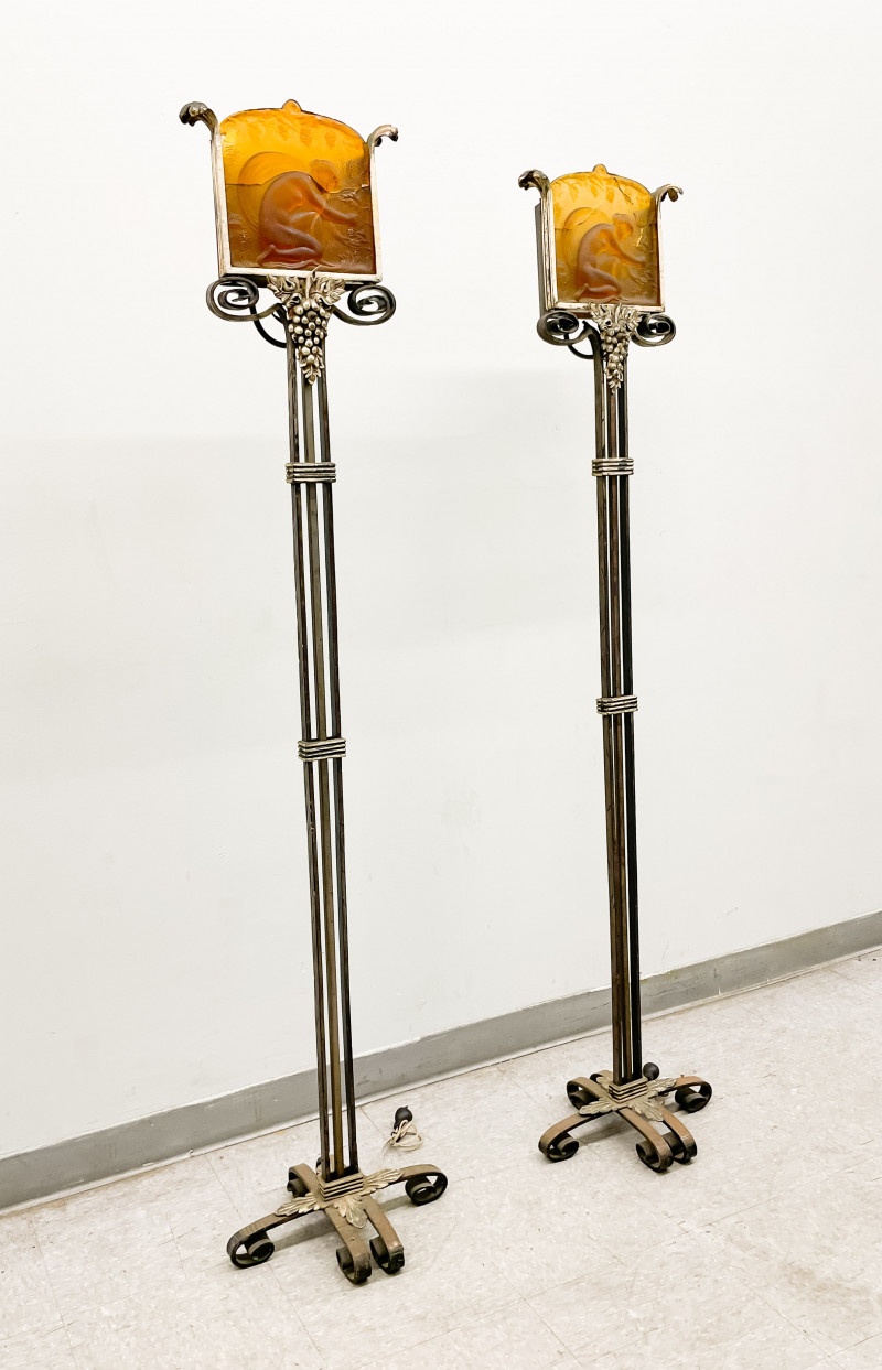 Pair Oscar Bach Floor Lamps with Steuben Glass Panels (Glass Damaged)