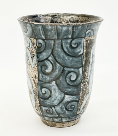 Edward Cazaux - vase with swirl pattern, figures, and metallic accents