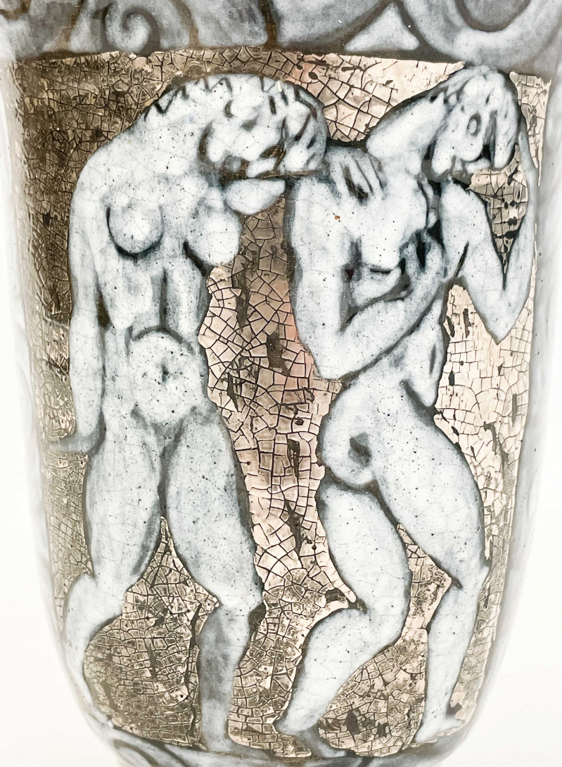 Edward Cazaux - vase with swirl pattern, figures, and metallic accents