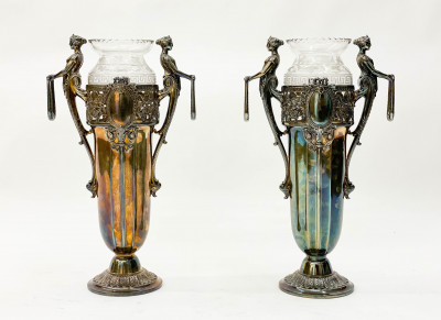 Image for Lot Pair of WMF Glass and Silver-Plated Figural Vases