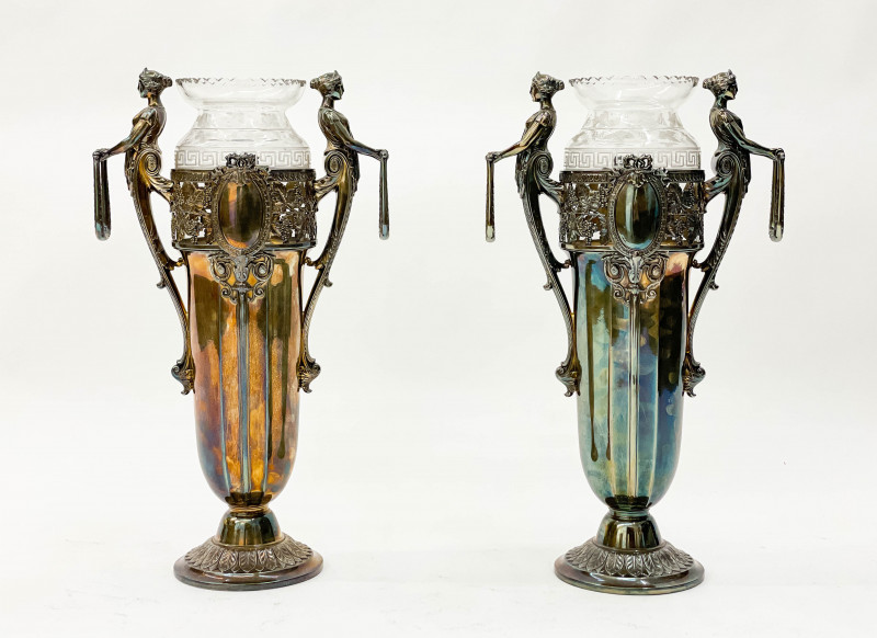 Pair of WMF Glass and Silver-Plated Figural Vases