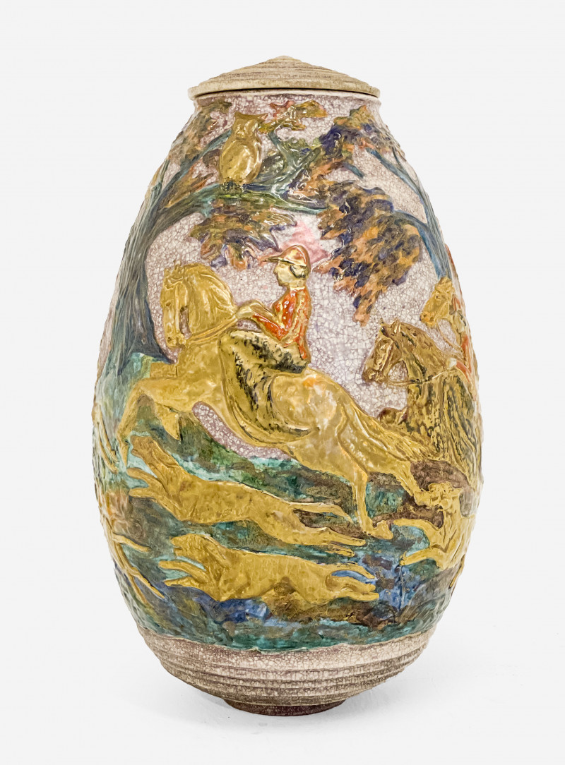 Jean Mayodon - Monumental Lidded Vase with Hunting Theme