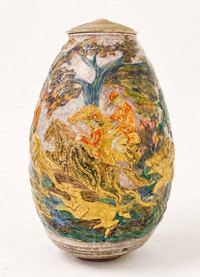 Jean Mayodon - Monumental Lidded Vase with Hunting Theme