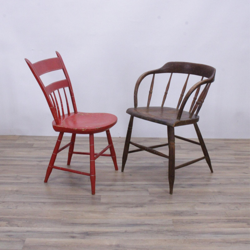 Late Federal Red Painted Side Chair & Armchair